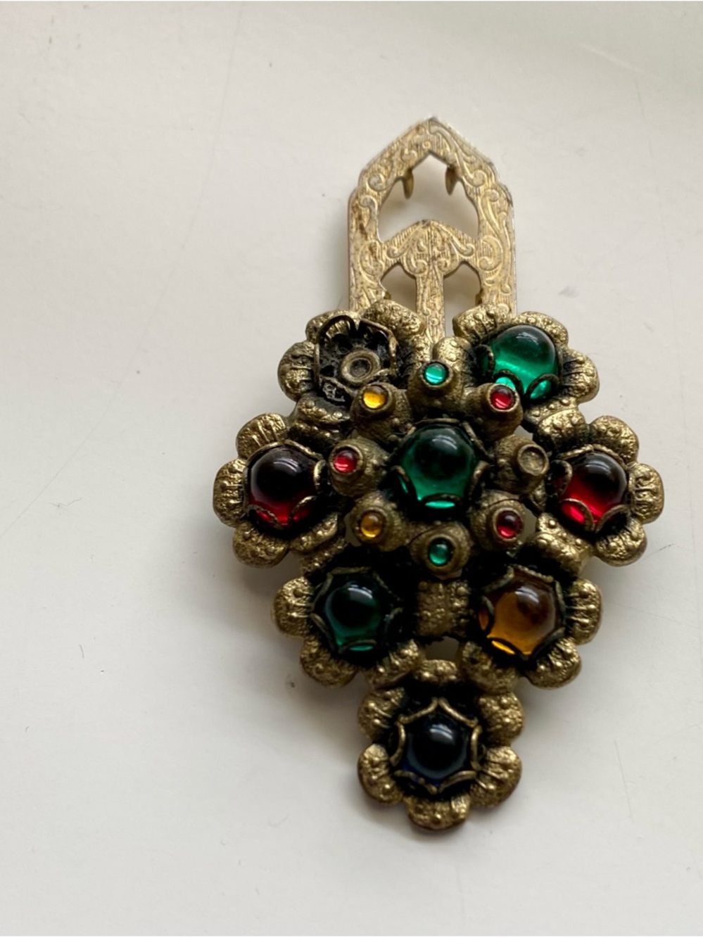 Vintage Medieval Revival Brooch Clip with Colorful Glass Cabochons